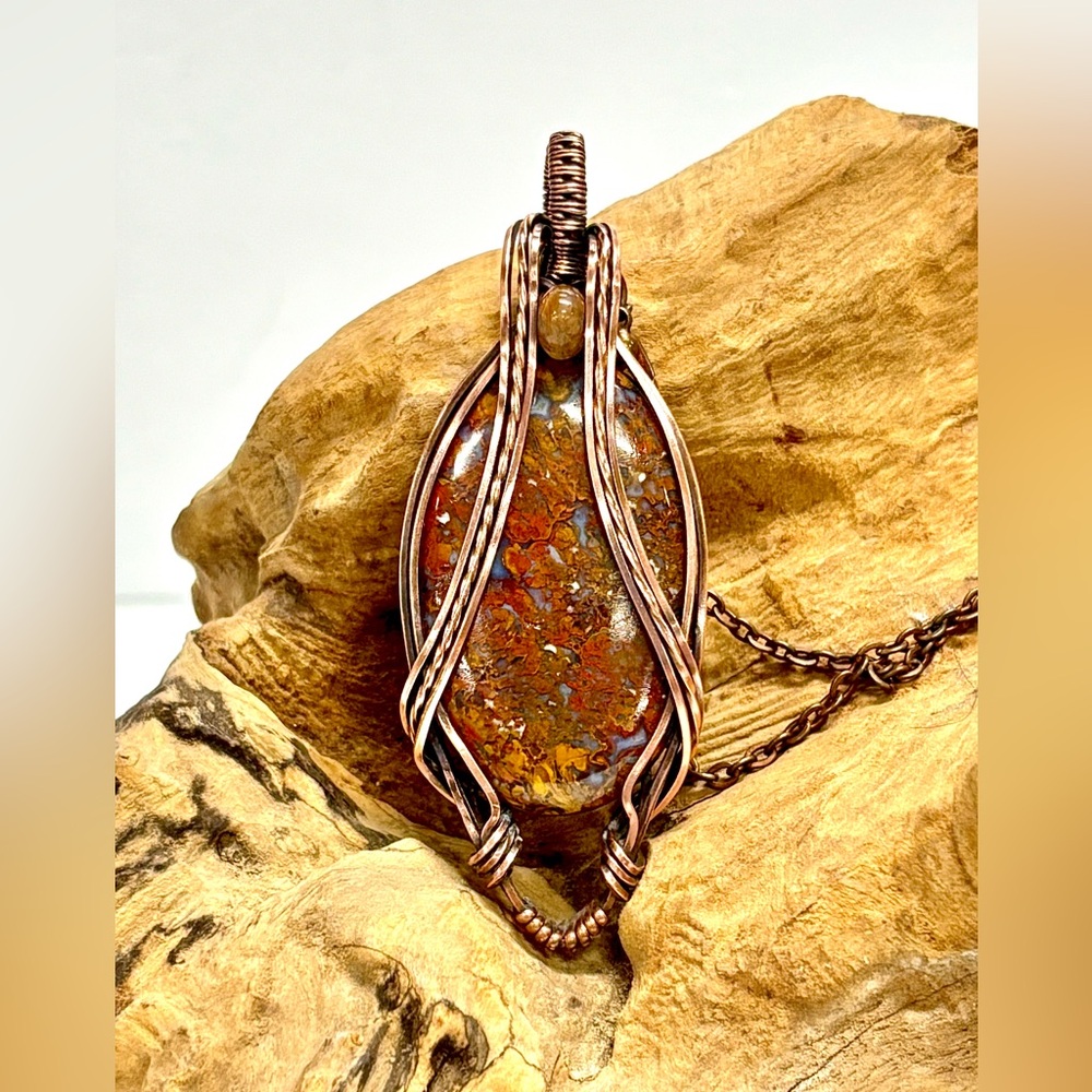 HAND CRAFTED Red Moss Agate Wire Wrapped Copper Pendant Necklace, Handmade